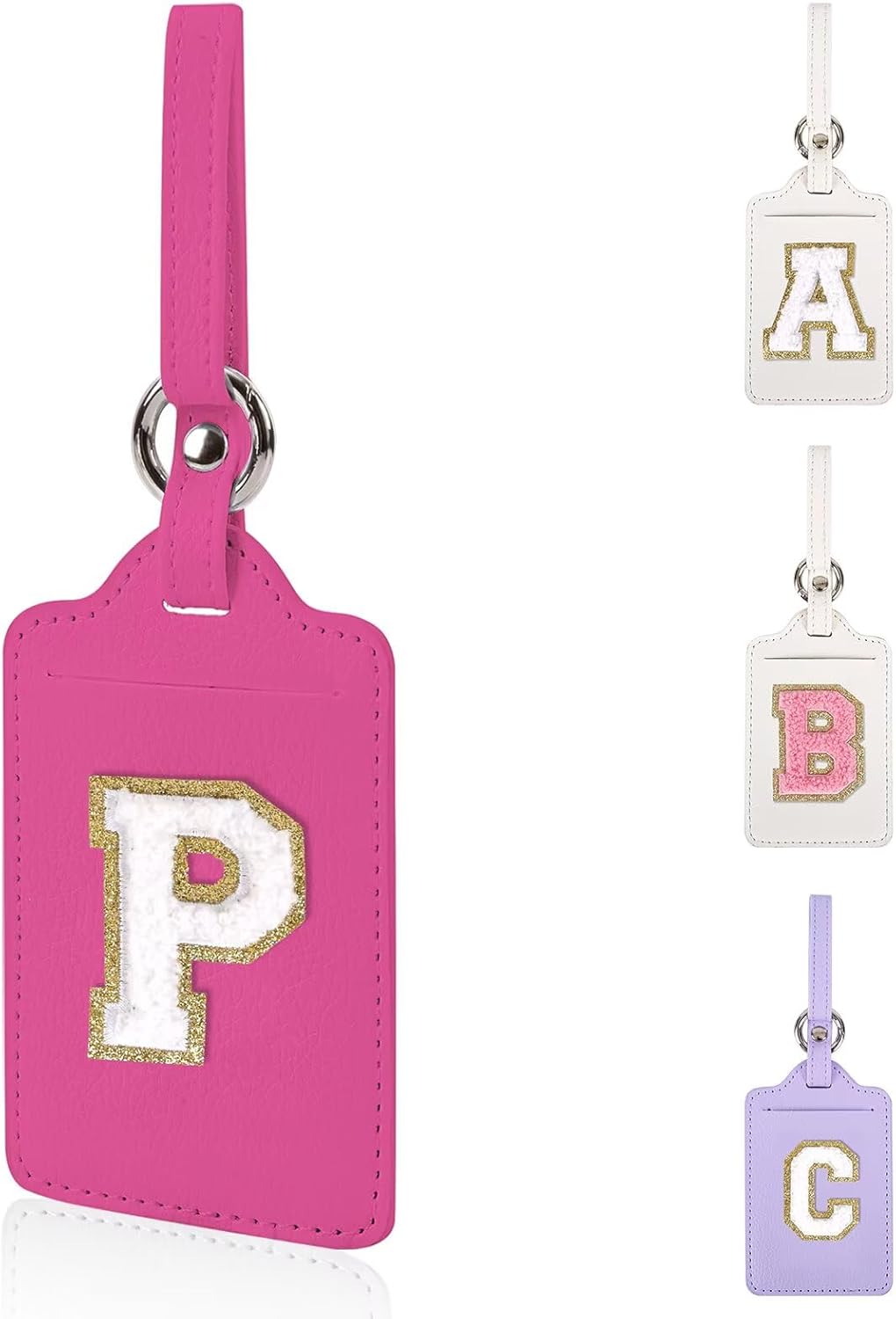 Personalized Initial Luggage Tags for Suitcases, Leather Chenille Letter Cute Luggage Tags with Privacy Name Card, Embroidered Travel Bag Backpack Tags Gifts for Women Kids Girls Teens(Rosered-P)