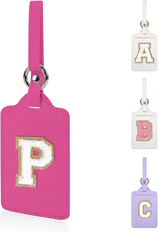 Personalized Initial Luggage Tags for Suitcases, Leather Chenille Letter Cute Luggage Tags with Privacy Name Card, Embroidered Travel Bag Backpack Tags Gifts for Women Kids Girls Teens(Rosered-P)