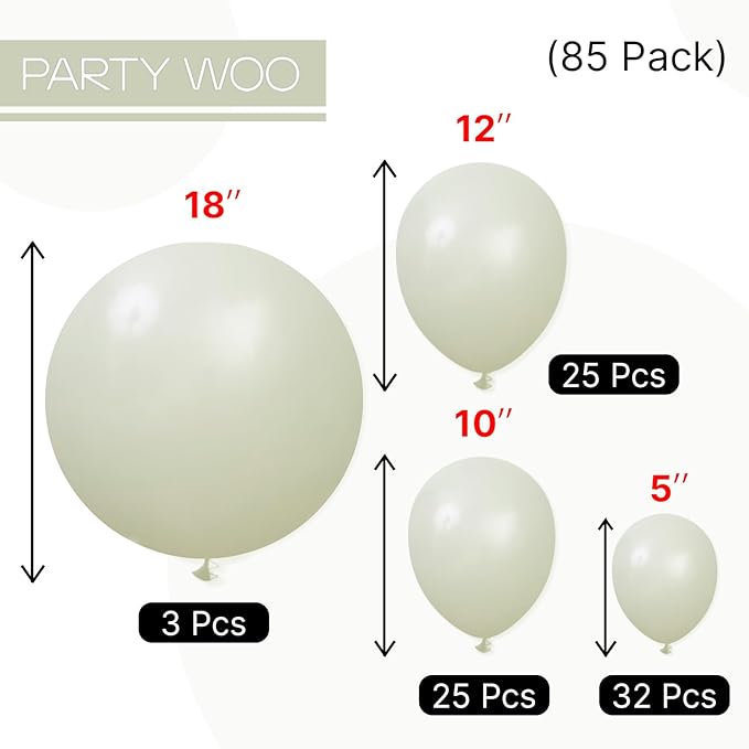 PartyWoo Sage Green Balloons 85pcs Different Sizes of 18 12 10 5 Inch Dusty Boho Green Latex Balloon Arch Kit for Wedding Birthday Dinosaur Jungle Golf Football Theme Party Decorations Green-F32