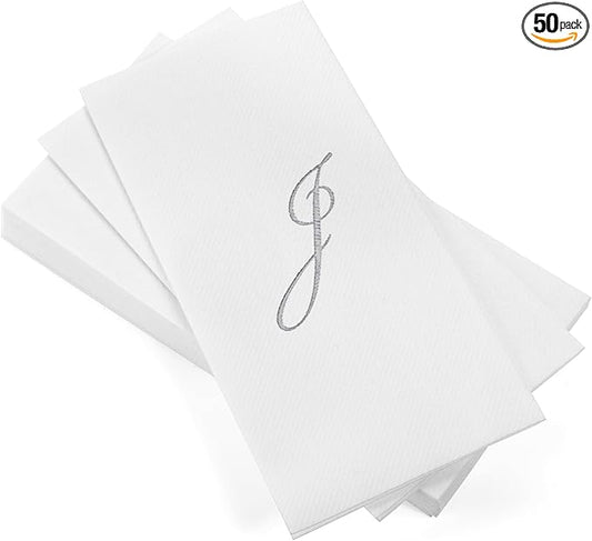 AH AMERICAN HOMESTEAD Disposable Hand Towels for Bathroom 50 Count - Guest Bathroom Essentials -Bathroom Paper Towels - Monogrammed Disposable Napkins - Wedding Napkins in Paper Towel Tray (Silver, J)