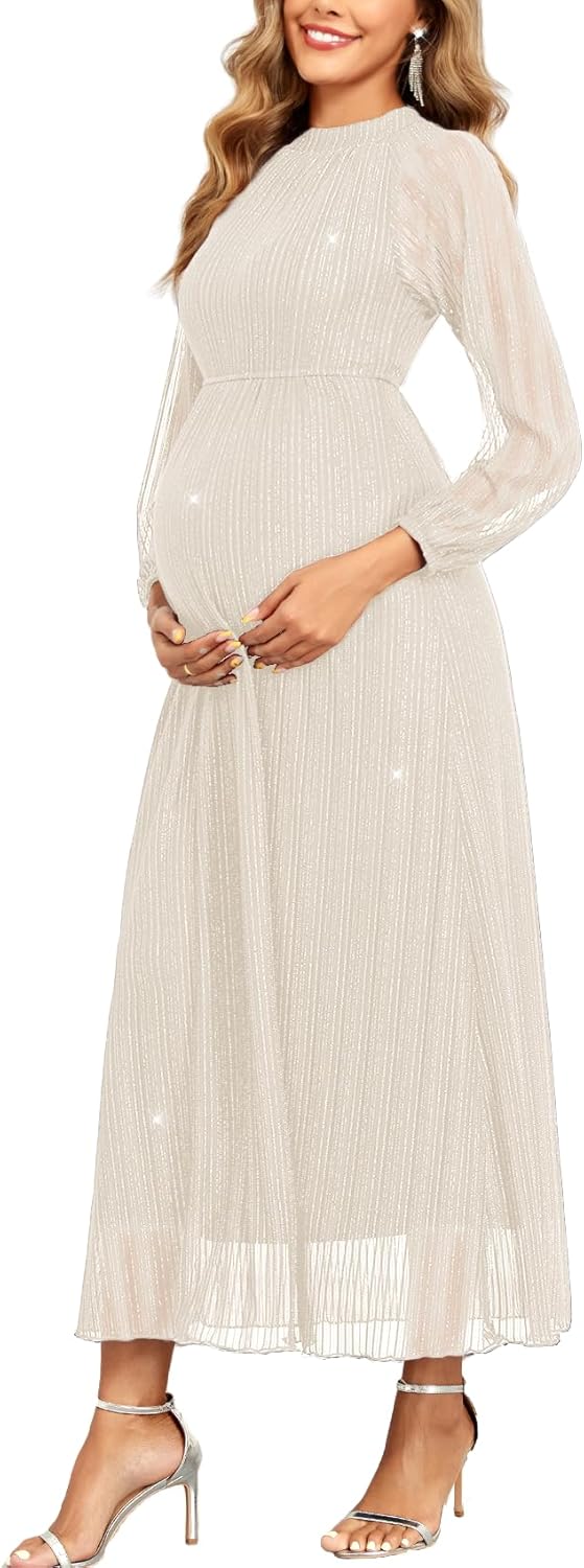 Maternity Sparkly Mesh Dress Halter Neck Sleeveless A Line Pregnancy Dresses Semi Formal Baby Shower Photoshoot
