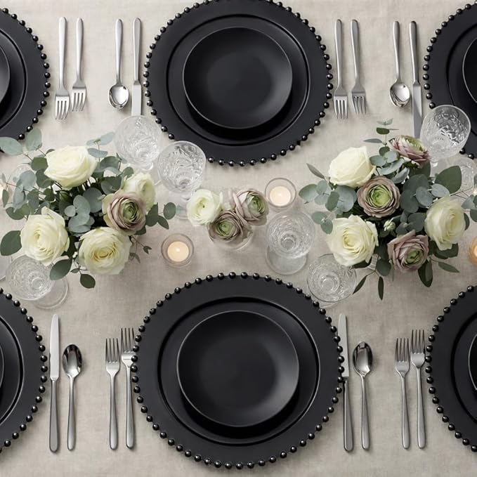 PLASTICPRO Black Plastic Charger Plates with Beaded Edge – Pack of 4 – 13" Elegant Round Disposable Chargers for Weddings, Events, Parties, and Dinners