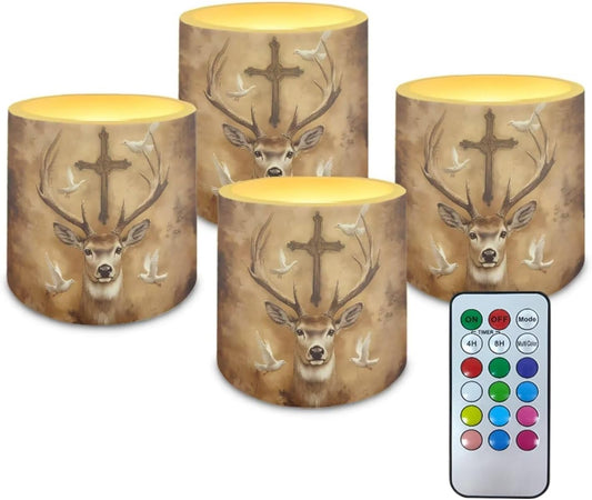 Poceacles Flameless LED Candles 4 Pack with Remote Control, Battery-Powered, Flickering Effect, with 12 Color Changing, Realistic LED Pillar Candles for Home Decor, Deer Cross Dove of Peace Retro