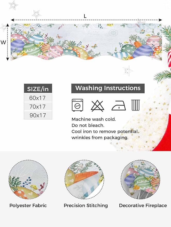 Easter Colorful Eggs Fireplace Mantel Scarf Table Runner, Spring Eucalyptus Leaves Floral Plant Winter Garland Mantel Top Tablerunners Dresser Scarves Cover for Windows Party Living Room 60''x17''