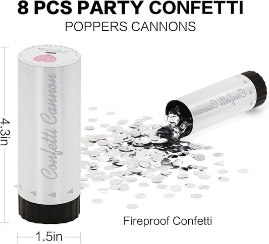 Confetti Cannon 8 Pack Small Silver Confetti Poppers ideal for Weddings, Birthdays, Graduations, Baby Showers, New Year's Eve Parties Fun Party Decorations