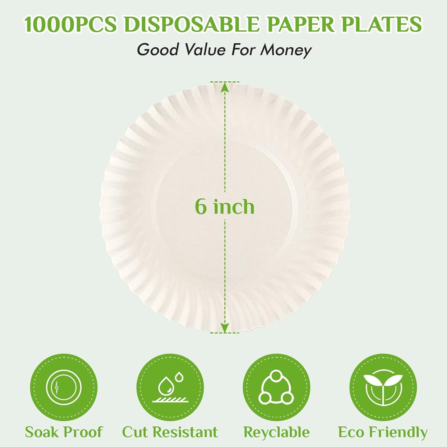 FOCUSLINE 6 Inch Paper Plates 1000 Count, White Paper Plates Uncoated, Everyday Disposable Dessert Plate 6" Small Plate Bulk 1000 Count