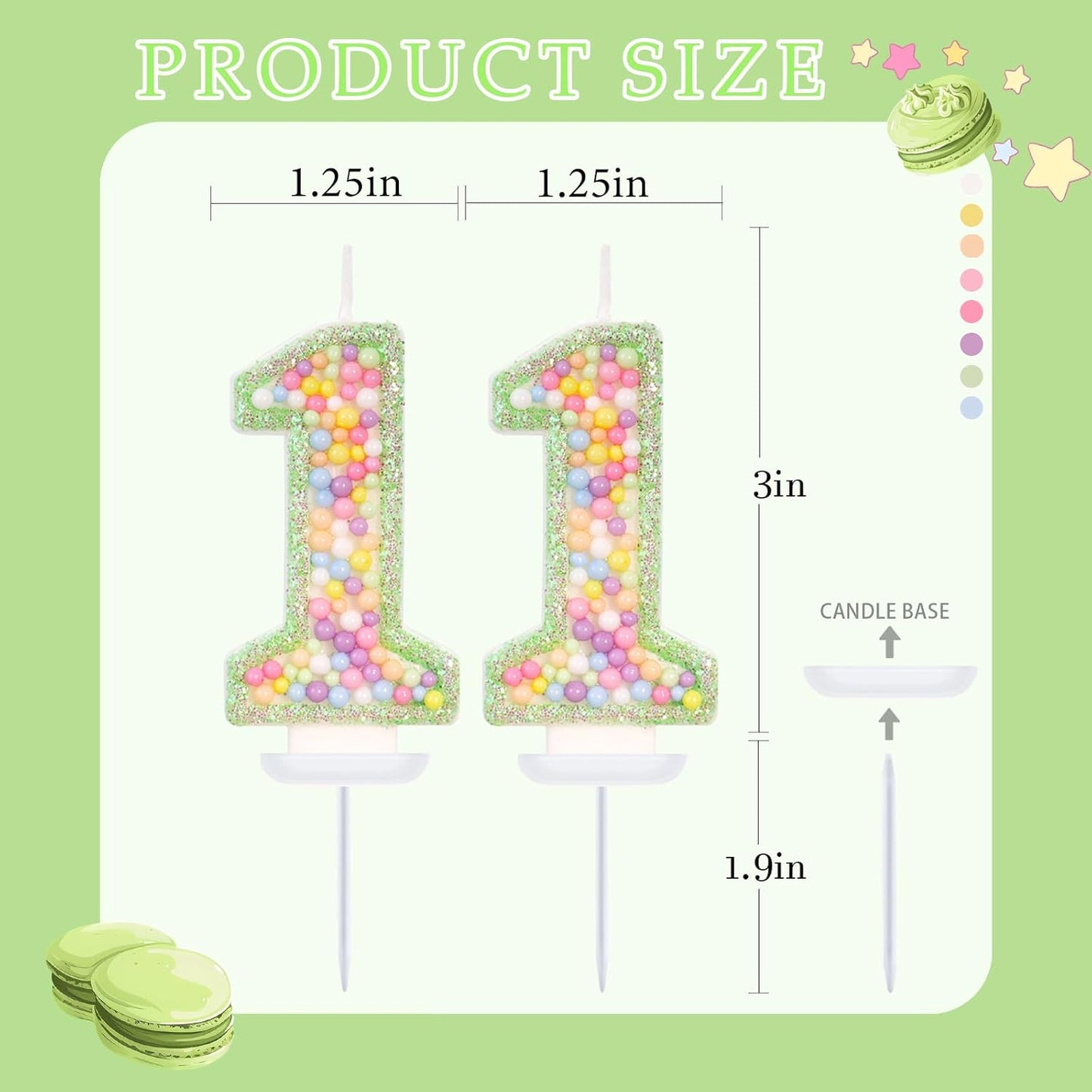 Green Birthday Candles - Number 11 Candle, Colorful Macaron Candles, 11 Birthday Decorations for Boys Girls, Green Cake Decorations, Theme Party Supplies