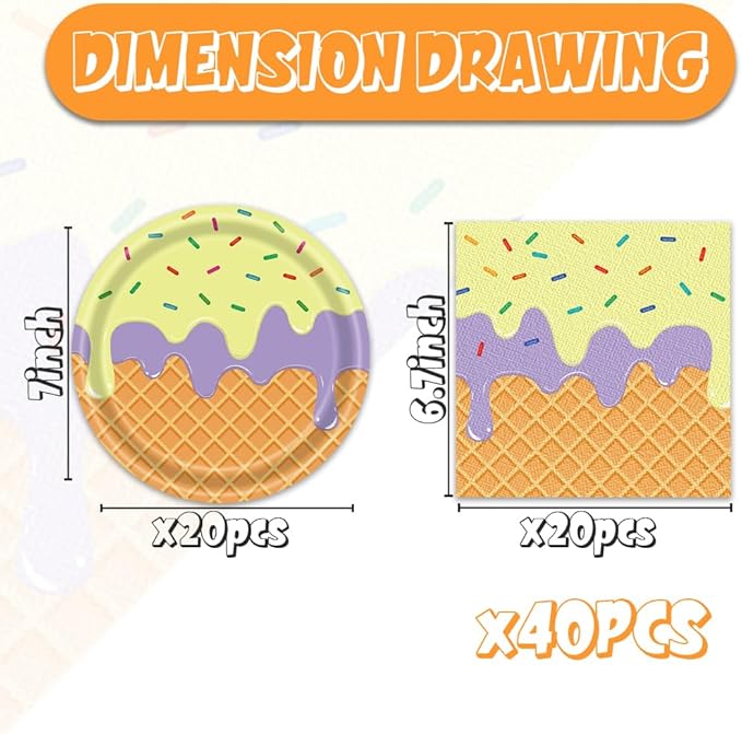40pcs Ice Cream Birthday Party Decorations Plates and Napkins Ice Cream Theme Tableware Set for Boys Girls Baby Shower Serve 20 Guests
