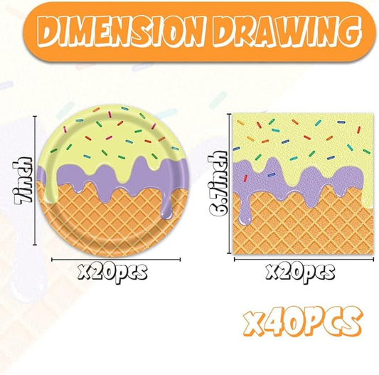 40pcs Ice Cream Birthday Party Decorations Plates and Napkins Ice Cream Theme Tableware Set for Boys Girls Baby Shower Serve 20 Guests