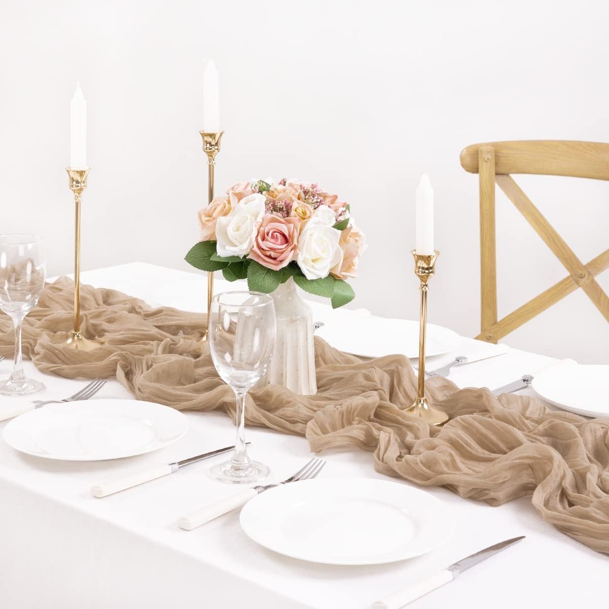 MLMC 12 Pack Nude Cheesecloth Table Runner 10ft Boho Rustic Gauze Taupe Cheese Cloth Table Runner Neutral Fall Decor 35x120 Inches for Reception Wedding Bridal Shower Party Decor