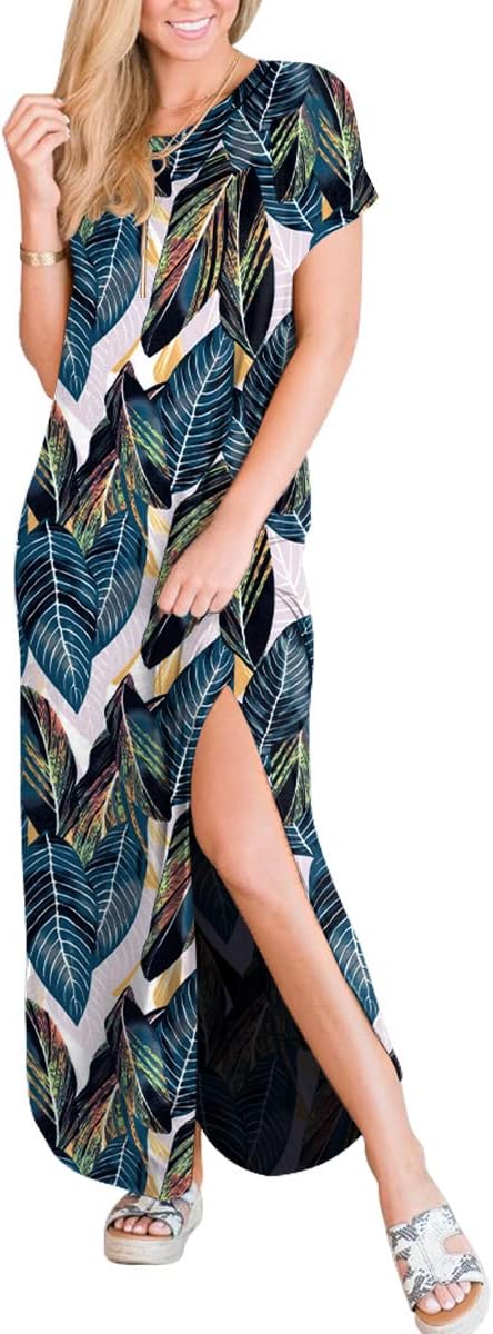 ANRABESS Womens Summer Maxi Dress Short Sleeve Casual Loose Long T Shirt Dresses Split Vacation Beach Sundress Travel Outfits
