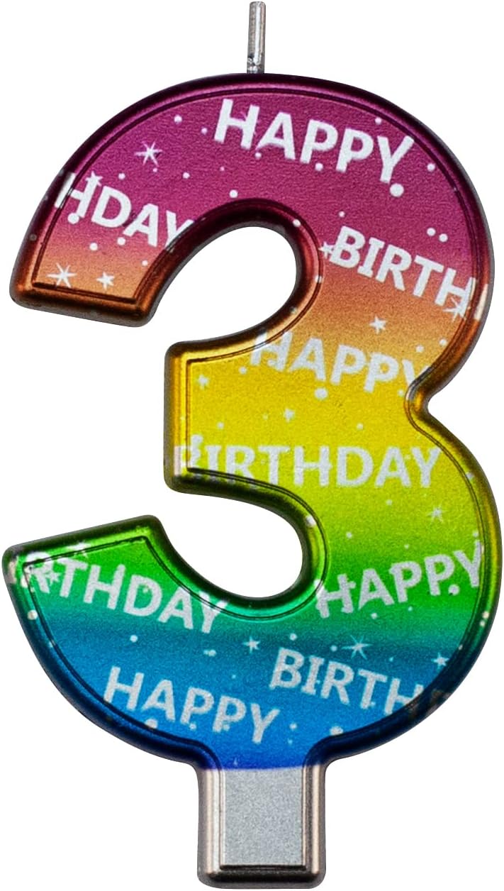 DERVENTA Birthday Candles Big Numbers Multicolored 3.7 inch Party Cake Topper 1 Piece (Number 3 Multi-Colored)