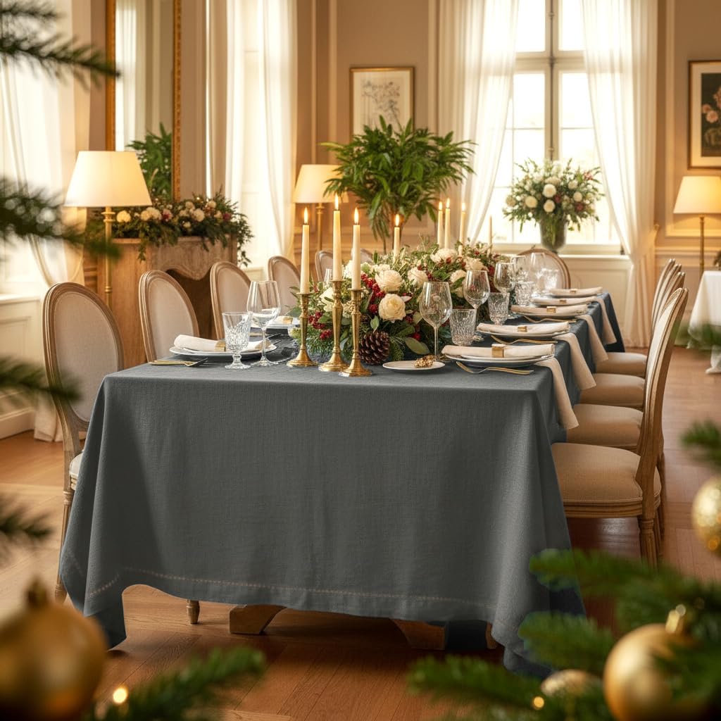 D'Moksha Homes Charcoal Grey Linen Tablecloth 60 x 120 Inch - 100% Pure Linen Hemstitch Tablecloth for Rectangle Tables - Classic Hemstitch, Machine Washable Table Cloth for Fall, Autumn and Halloween