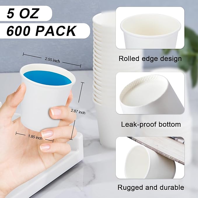 SIUQ 600 Pack 5 oz Paper Cups, Disposable Mini Bathroom Mouthwash Cups, Hot/Cold Drinking Cups, White Disposable Paper Cups for Bathroom, Home, Party, Office, Picnic, Travel