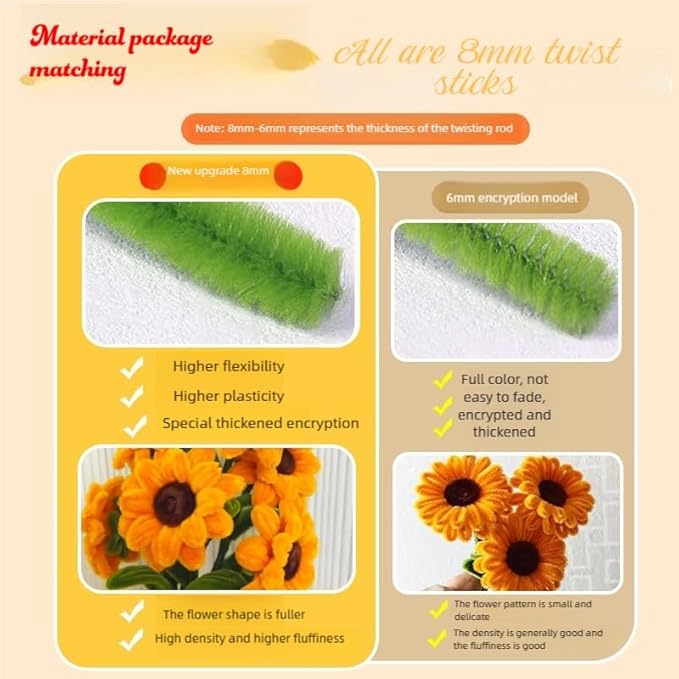 620 Pieces Golden Pipe Cleaners Craft Set, 600 Pcs Chenille Stems with 20 Pcs Flower Stems, for DIY Art and Craft Projects Creative Gift Wrapping Party Decorations(Sunflower Series)