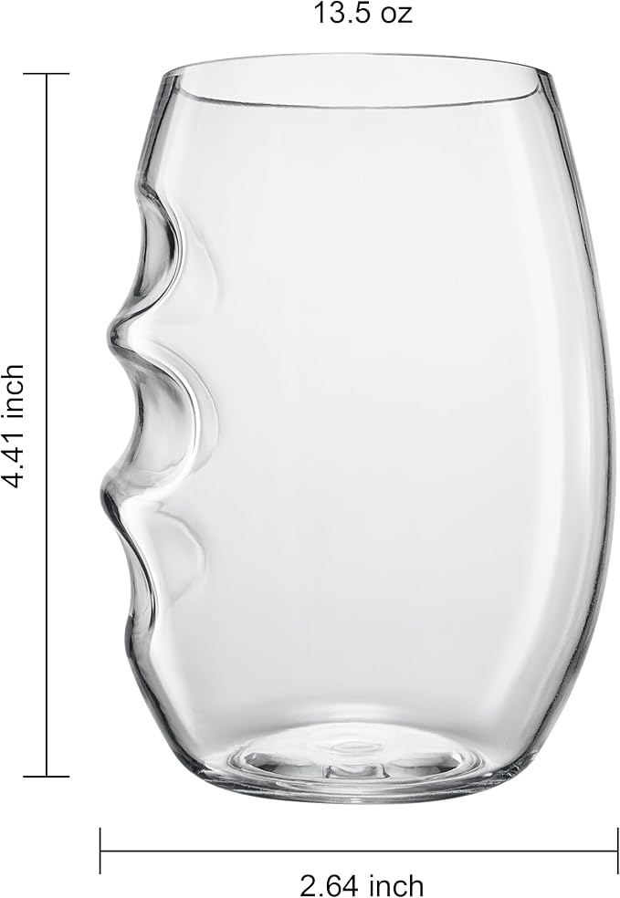 Unbreakable European Plastic Crystal, Stemless Wine Glasses | Set of 12, 13.5 OZ | Acrylic Tritan Set with 3-Finger Indentations - Clear Short Tumbler Set, BPA Free, Reusable, Naturally Aerates Wine