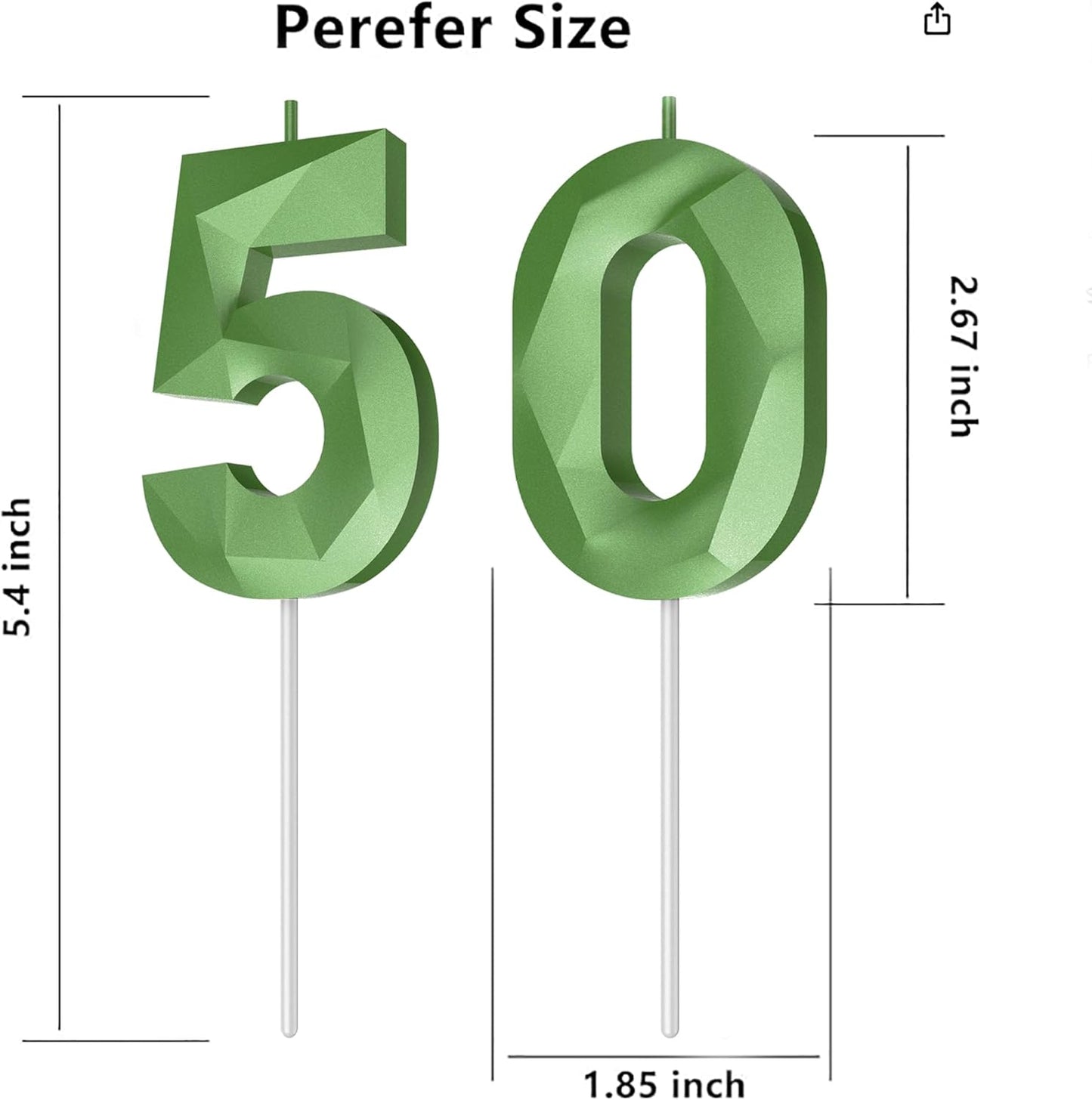 Number Birthday Candles(50 Candle Green) 3D Diamond Shape Number Happy Birthday Cake Candles for Birthday Party Wedding Decoration Reunions Theme Party