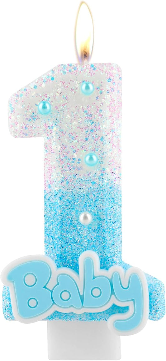 Blue Baby Number 1 Birthday Candle, 2.8in Cute Shiny 1st Happy Birthday Candle with Tray & Stick Boys Girls One Candle for First Birthday Ideal Birthday Parties Cake Decoration & Gifts