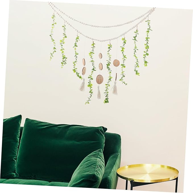 Hanging Photo Display Wooden Beads and Eucalyptus Leaves Stylish Wall Decor for Bedroom and Living Room Easy to Install Picture Holder Garland for Home Decoration