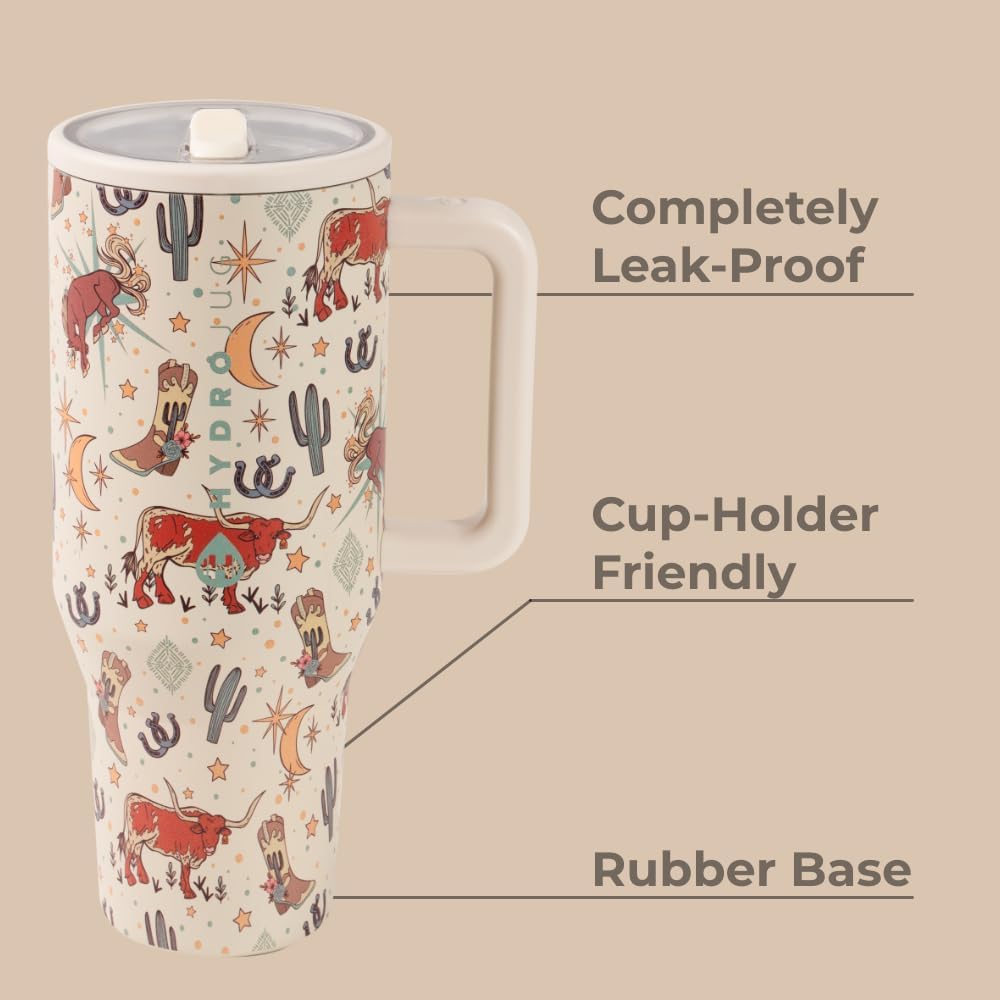 HydroJug Traveler - 40 oz Water Bottle with Handle & Flip Straw - Fits in Cup Holder, Leak Resistant Tumbler-Reusable Insulated Stainless Steel & Rubber Base - Gifts for Women & Men, Rodeo