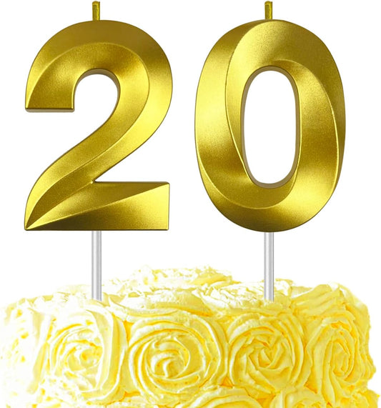Gold Number 20 Candles, 3D Diamond 2.76 Inch Cake Topper Birthday Candles for Wedding Anniversary Cake Decorations, Happy Birthday Party Decorations