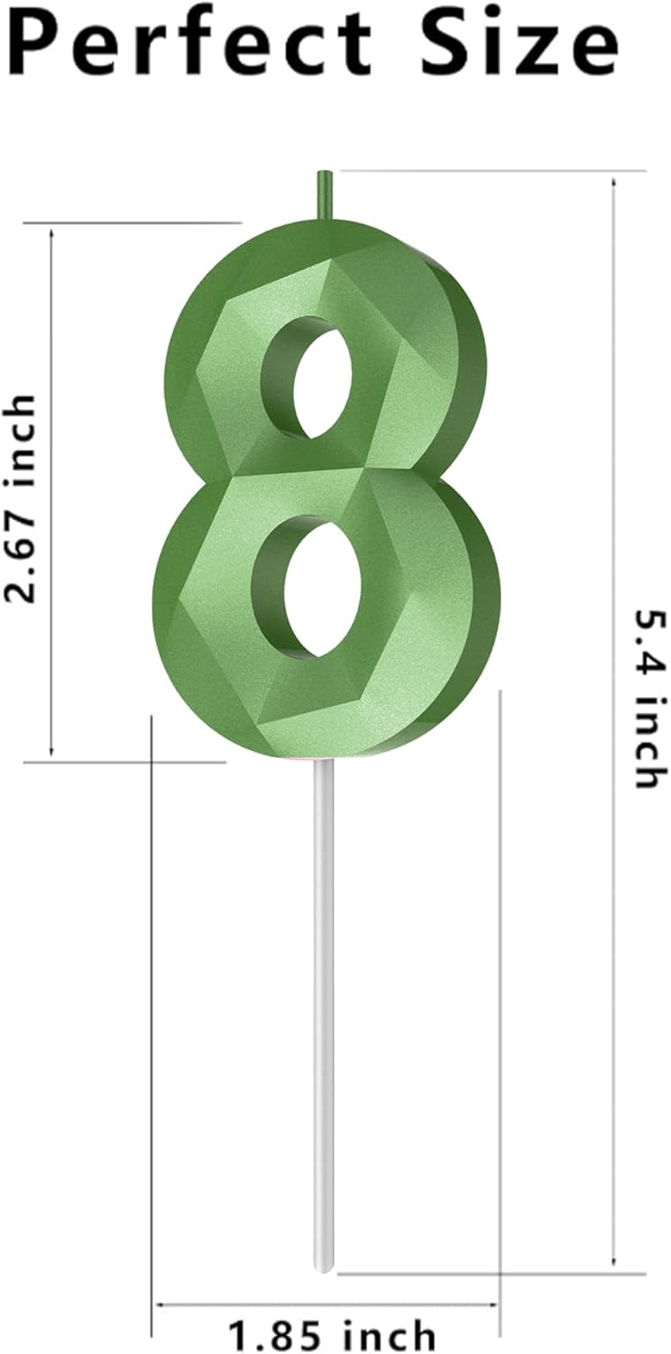 Number Birthday Candles(8 Candle Green) 3D Diamond Shape Number Happy Birthday Cake Candles for Birthday Party Wedding Decoration Reunions Theme Party