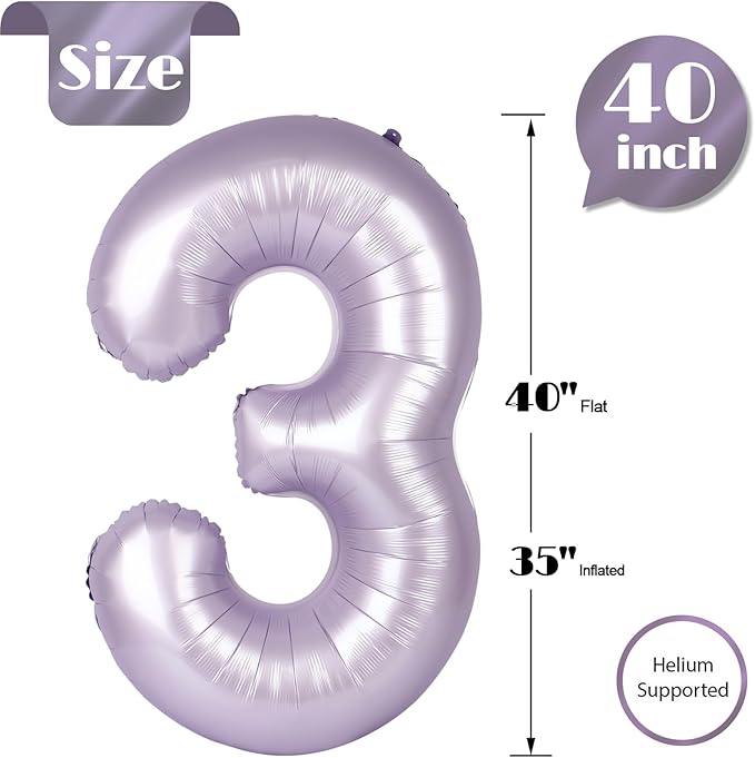 Lilac 3 Balloon, Number Balloons 40 Inch, Lavender 3rd Birthday Decorations for Kids Girls Women Party Supplies for Party Decorations, Number 3 Balloon