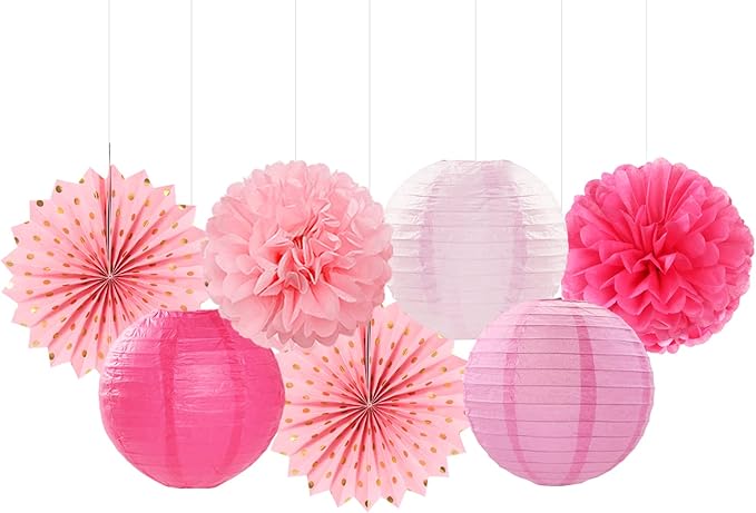 Rose Hot-Pink Valentines-Day Party-Decorations Streamers - 14pc Girl Birthday Baby Shower Paper Lanterns Fan,Tissue Pom Poms,Honeycomb Balls,Bachelorette Bridal Wedding Supplies Decor Lasting Surprise