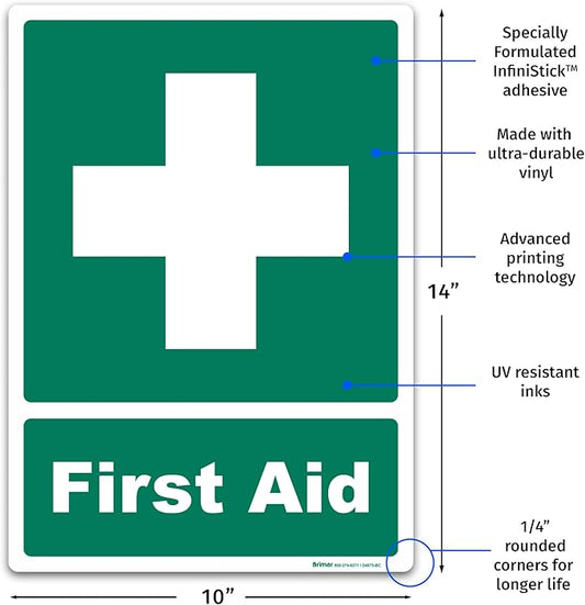 Brimar - 10" x 14" - First Aid Sign - 3.5 Mil InfiniStick™ Vinyl Label - Easy Installation - Versatile Application