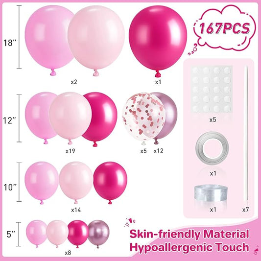 ZHIYAPA Pink Balloon Garland Arch Kit, 167Pcs Hot Light Pastel Latex Metallic Shades of Pink Balloons for Birthday Bridal Baby Shower Wedding Party Decorations