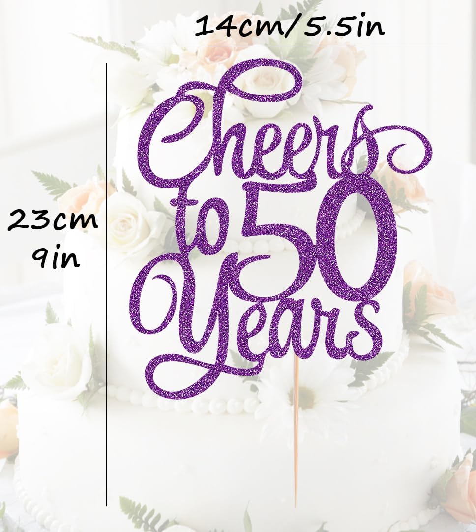 Cheers to 50 Years Cake Topper - Deep Purple Glitter 50th Birthday Cake Decorating Supplies, Perfect for 50th Anniversary or Fifty Birthday Party, Photo Booth Props