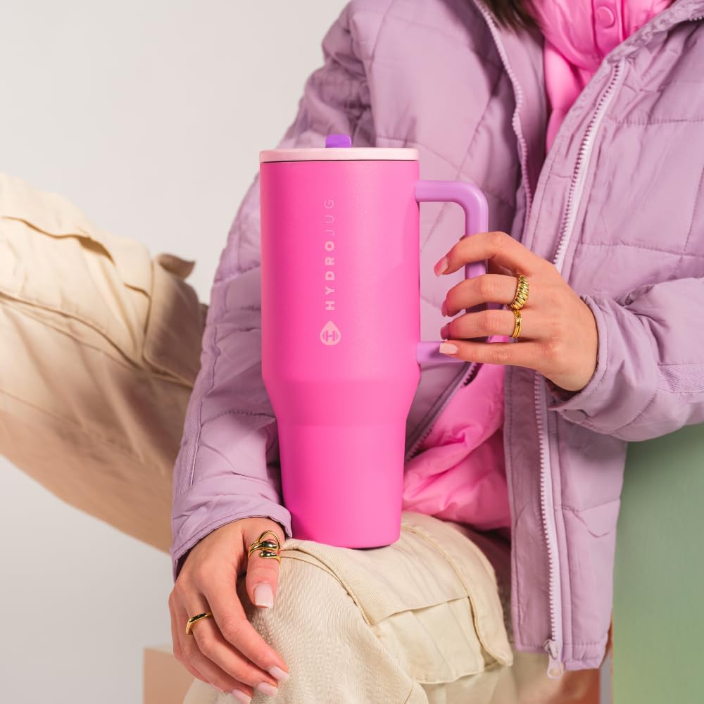 HydroJug Traveler - 40 oz Water Bottle with Handle & Flip Straw - Fits in Cup Holder, Leak Resistant Tumbler-Reusable Insulated Stainless Steel & Rubber Base - Gifts for Women & Men, Pink Sugar
