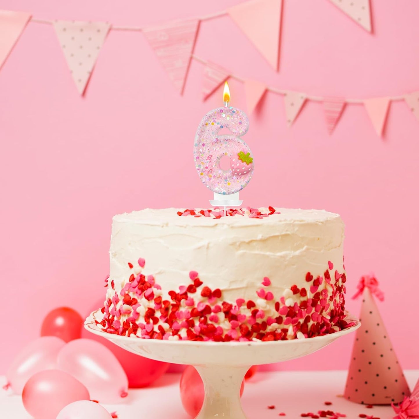 HXOUSE Strawberry Number 6 Birthday Candles - Pink Berry Birthday Candles for Cake, 6 Candle Topper for Anniversary Celebrations Supplies, Strawberry Party Decorations for Girl (No.6)