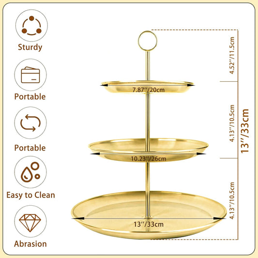 3 Tier Gold Cupcake Stand Stainless Steel Dessert Display Rack with Removable Tiered Tray for Parties,Weddings,Birthdays,Decorations,Any Festivals and Festivities(Stainless Steel Pole-2 Pack)