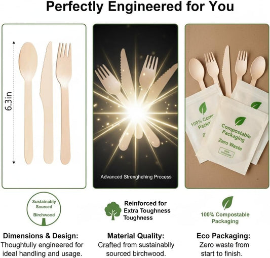 500 Pieces Disposable Cutlery, Wooden Utensils Set [200 Spoons, 200 Forks, 100 Knives] - Disposable Wooden Cutlery, Eco-Friendly Forks and Spoons, Compostable Cutlery Set Party Utensils