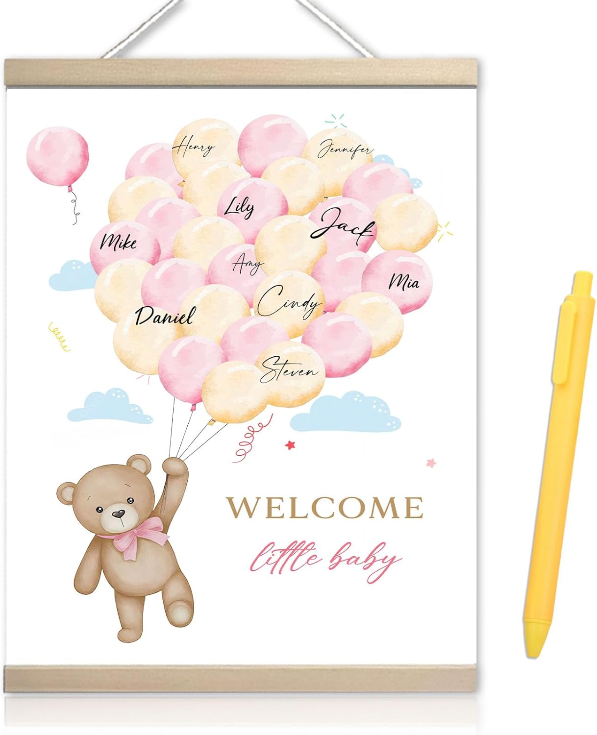Bear Baby Shower Guest Book Party Ideas for Girl, Baby Shower Wall Sign, Centerpieces Supplies with Pen, Gender Reveal Party Decorations