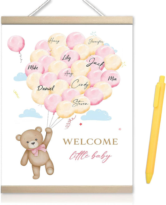 Bear Baby Shower Guest Book Party Ideas for Girl, Baby Shower Wall Sign, Centerpieces Supplies with Pen, Gender Reveal Party Decorations