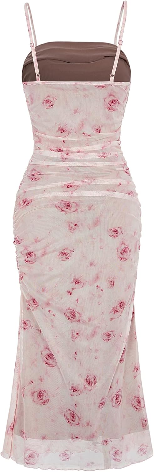 GORGLITTER Women's Floral Ruched Bodycon Midi Dress Mesh Sleeveless Fishtail Cami Dresses