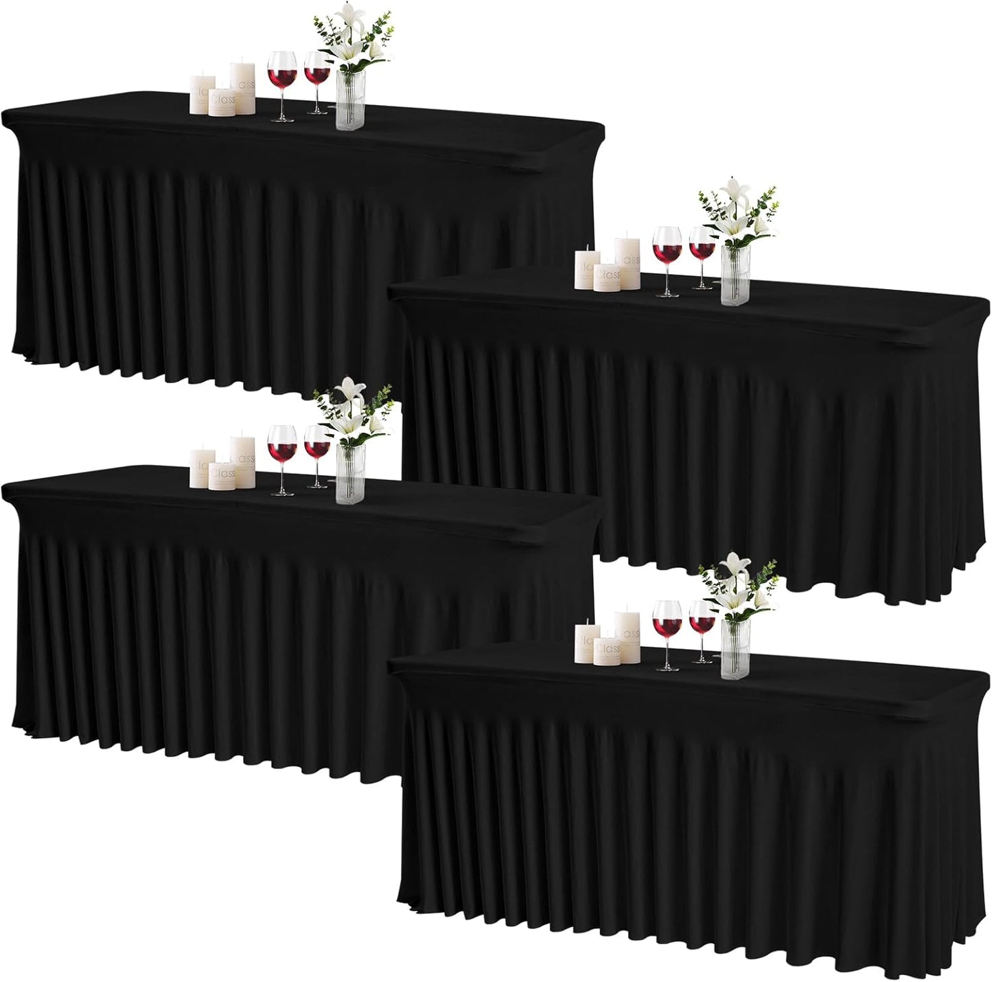 JCJ Table Skirt for Rectangle Tables Set of 4 Spandex Fitted Black Tablecloths for 6FT Tables, Wrinkle Resistant Ruffles Elastic Table Cover Skirts for Teacher Desk Weddings Banquets Parties