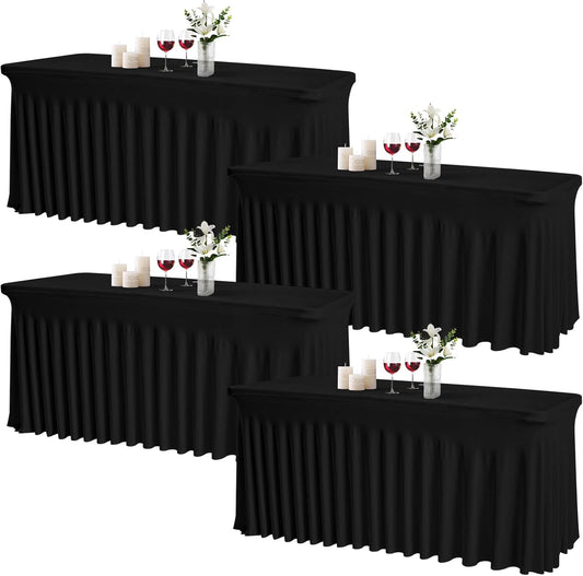 JCJ Table Skirt for Rectangle Tables Set of 4 Spandex Fitted Black Tablecloths for 6FT Tables, Wrinkle Resistant Ruffles Elastic Table Cover Skirts for Teacher Desk Weddings Banquets Parties