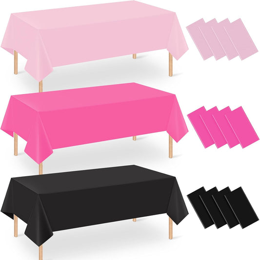 12 Pack Halloween Pink and Black Plastic Tablecloth for Rectangle Tables, Pink Black Disposable Table Cover, Rectangle Table Cloth for Girls Halloween Baby Shower Birthday Party Supplies Decorations