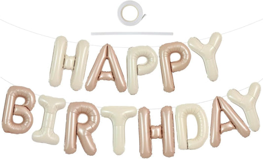 TONIFUL 16 Inch Light Brown Cream Mylar Foil Balloons Banner Happy Birthday Balloon Letters for Adults & Girls Boys Kids Birthday Decorations Party Supplies