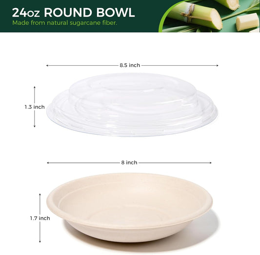 50-Pack 24oz Round Disposable Bowls with Lids - 100% Sugarcane Fiber, Paper Round Bowls for Soup, Salad, Ramen, Popcorn