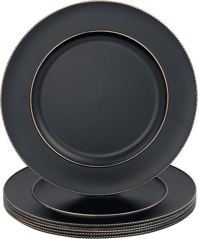 MAONAME Black Charger Plates, 13" Plastic Round Charger for Dinner Plates, Plate Chargers Set of 6, Beaded Table Chargers for Wedding, Table Setting