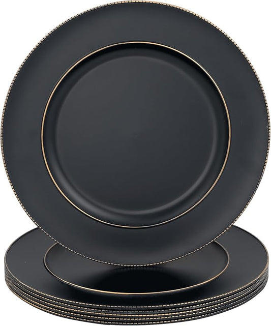 MAONAME Black Charger Plates, 13" Plastic Round Charger for Dinner Plates, Plate Chargers Set of 6, Beaded Table Chargers for Wedding, Table Setting