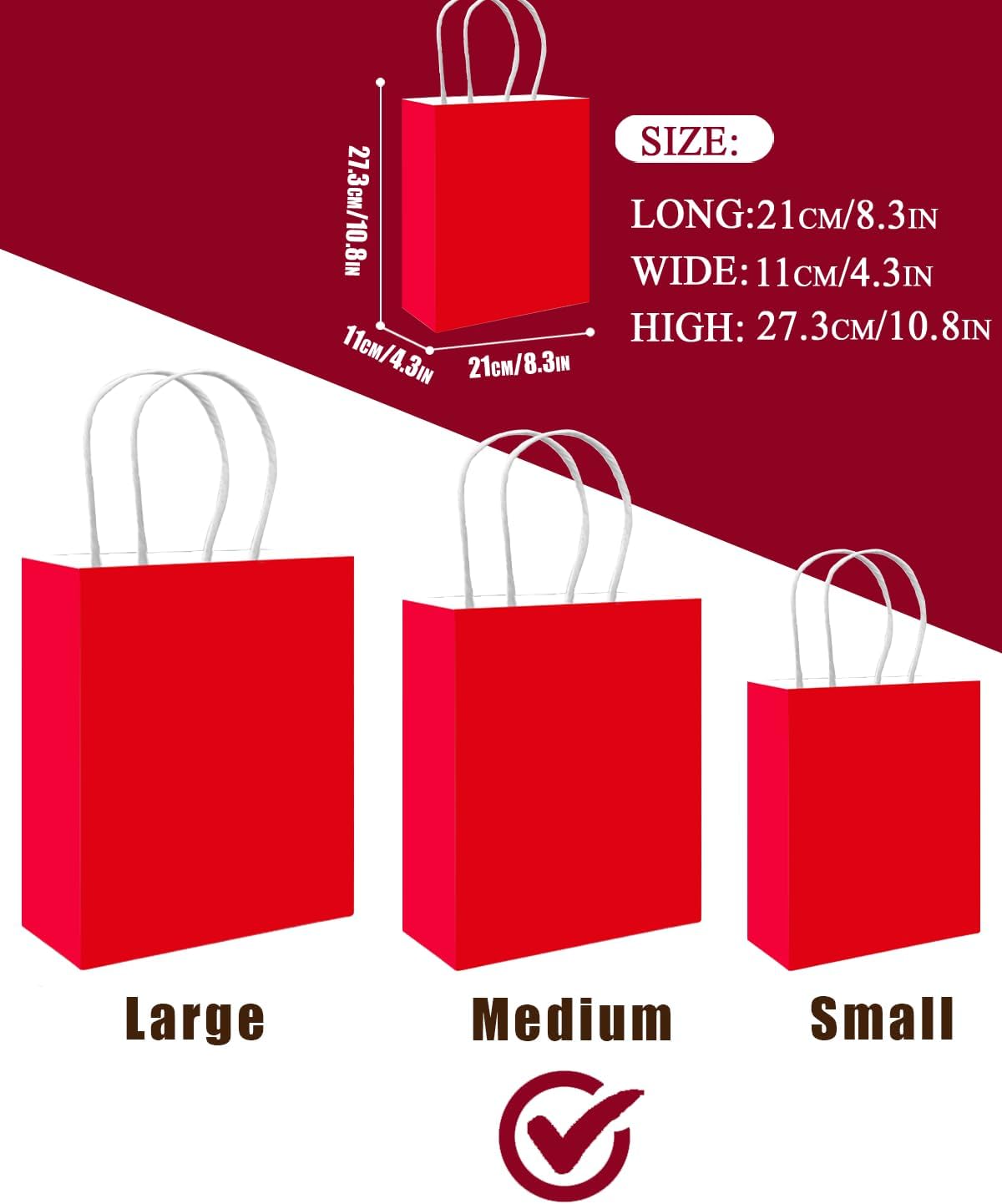 qiqee 100PCS Gift Bag with Handles Bulk Red Paper Bags Multiple Uses (11"x5"x8"inch Medium Size)