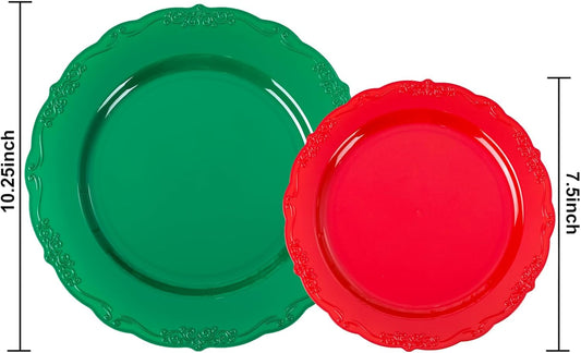 U-QE 100Pcs Christmas Plastic Plates - Green and Red Plates Disposable for Party, Plastic Christmas Plates Disposable Include 50 Red Dessert Plates, 50 Green Dinner Plates Suite for Christmas