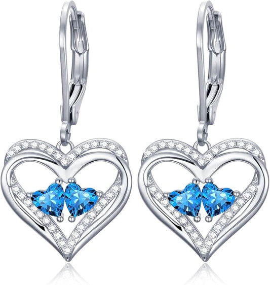 Valentines Day Gifts for Women, Heart Leverback Earrings Double Birthstone Dangle Earrings for Women, Love Jewelry for Her, Anniversary Birthday Gift for Mom Wife Girlfriend