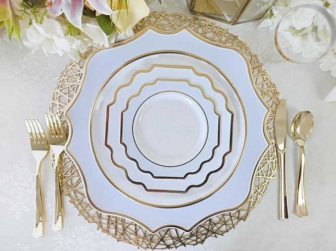 " OCCASIONS " 40 Pieces 13.25'' Scalloped Disposable/Reusable Plastic Charger Plates for Wedding, (Scalloped Imperial Blue & Gold)