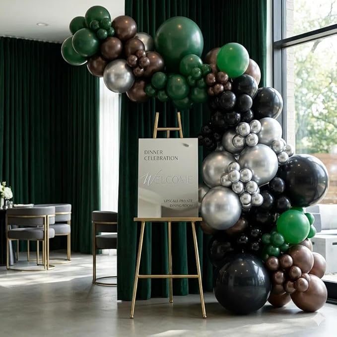 Black Green Balloon Arch Double Stuffed Latex Dark Green Brown Silver Balloon Garland for Camo Birthday New Year Hunting Jungle Boy Baby Shower Anniversary Prom Praty Decor